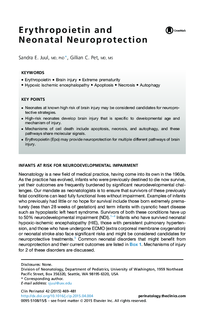 Erythropoietin and Neonatal Neuroprotection