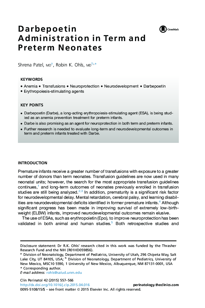 Darbepoetin Administration in Term and Preterm Neonates