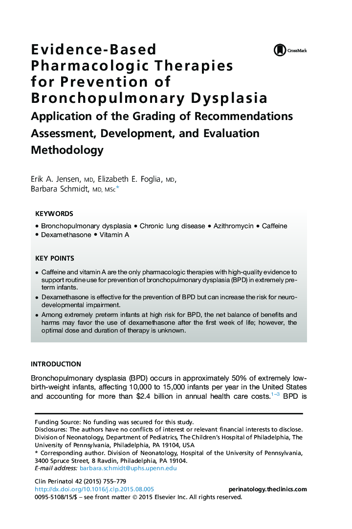 Evidence-Based Pharmacologic Therapies for Prevention of Bronchopulmonary Dysplasia