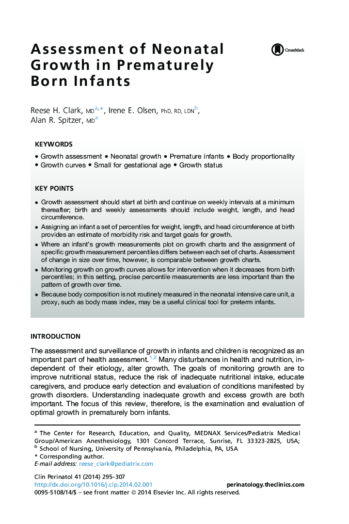 Assessment of Neonatal Growth in Prematurely Born Infants