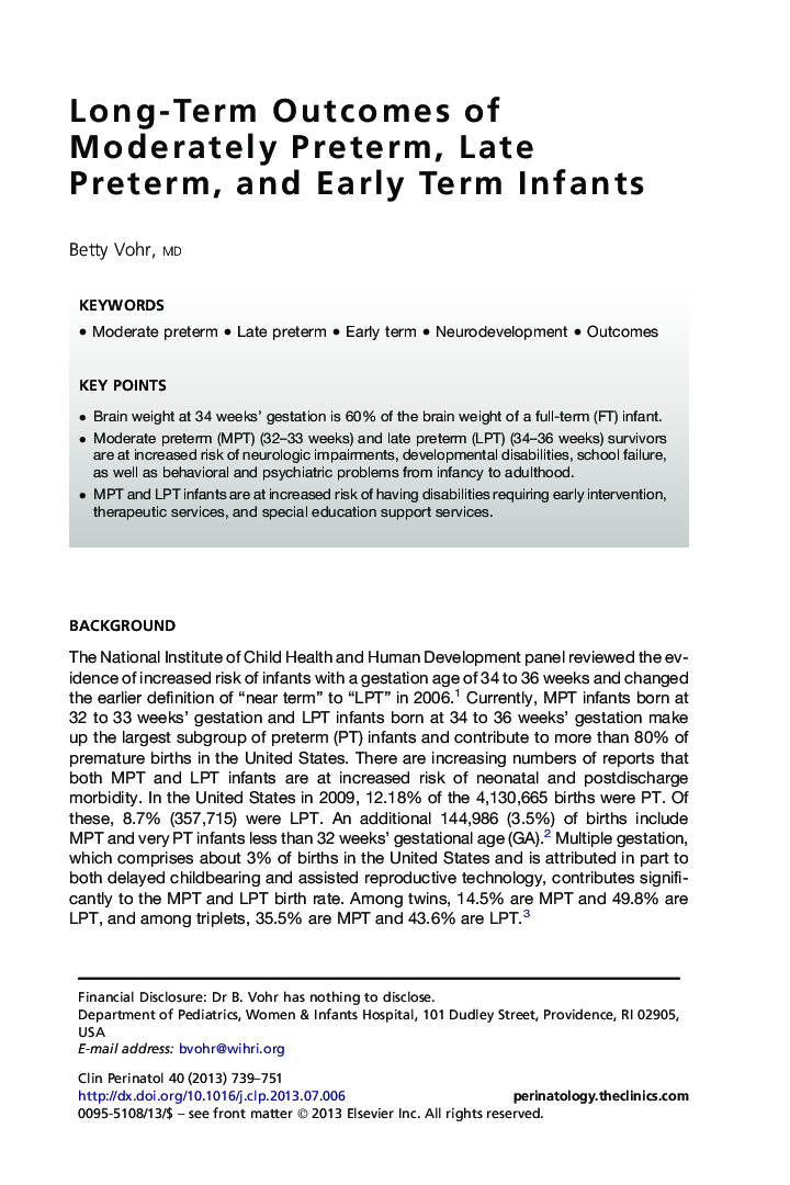 Long-Term Outcomes of Moderately Preterm, Late Preterm, and Early Term Infants