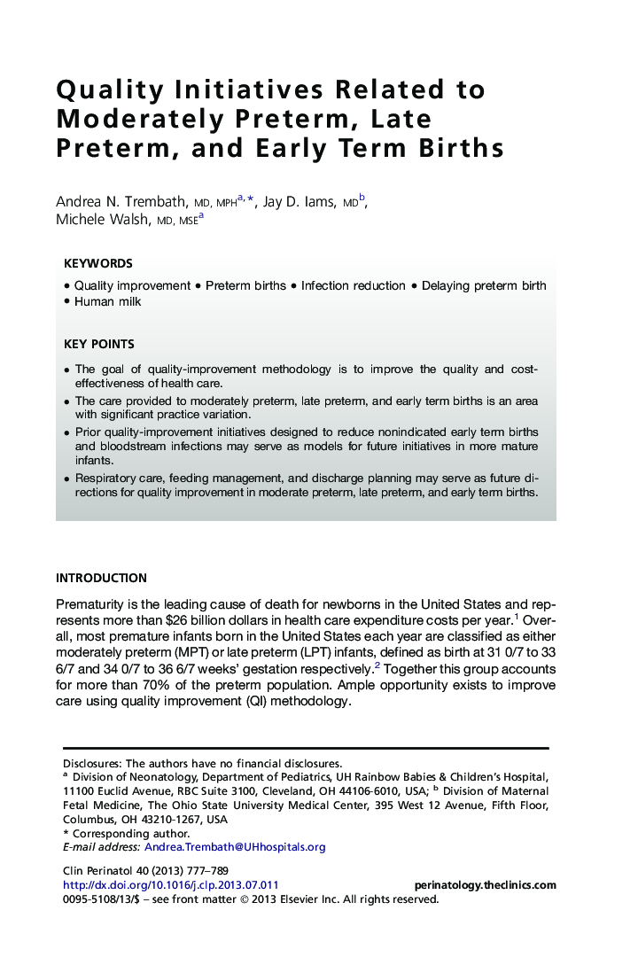 Quality Initiatives Related to Moderately Preterm, Late Preterm, and Early Term Births