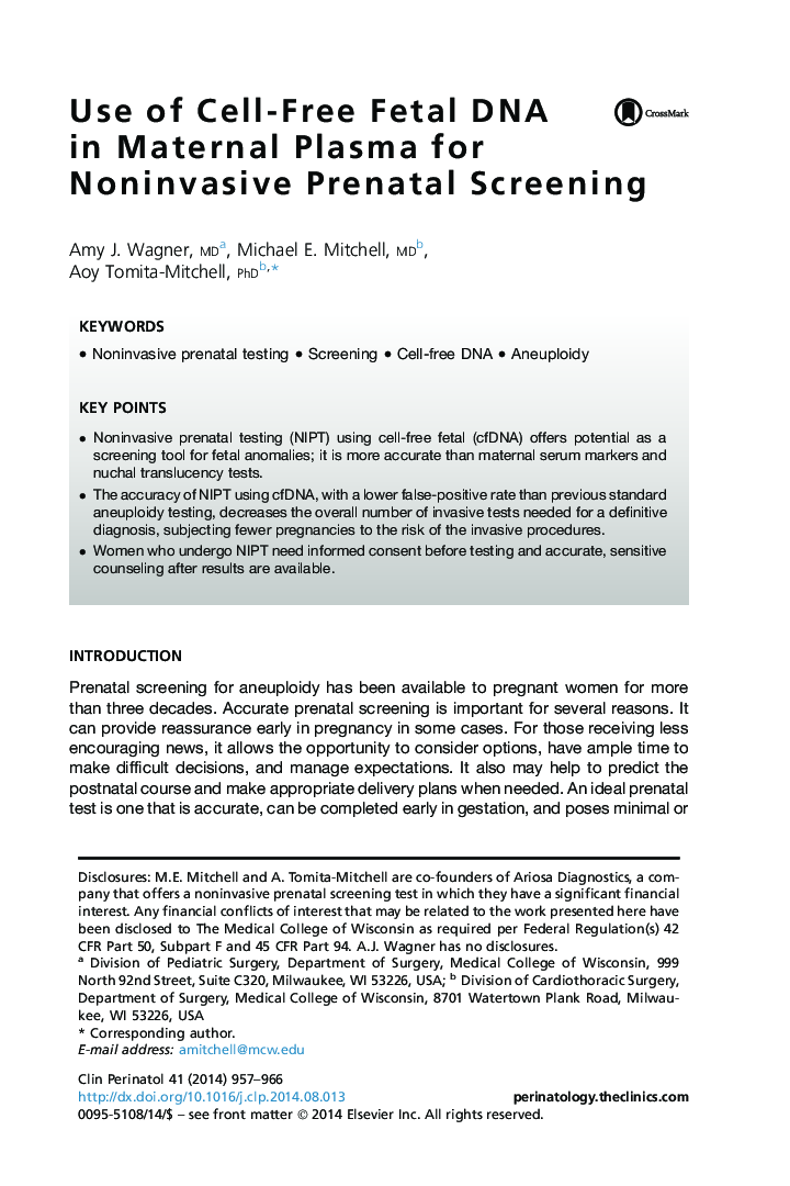 Use of Cell-Free Fetal DNA in Maternal Plasma for Noninvasive Prenatal Screening