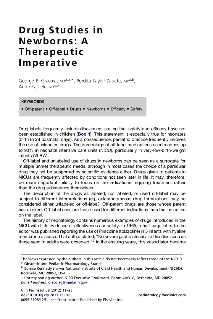 Drug Studies in Newborns: A Therapeutic Imperative