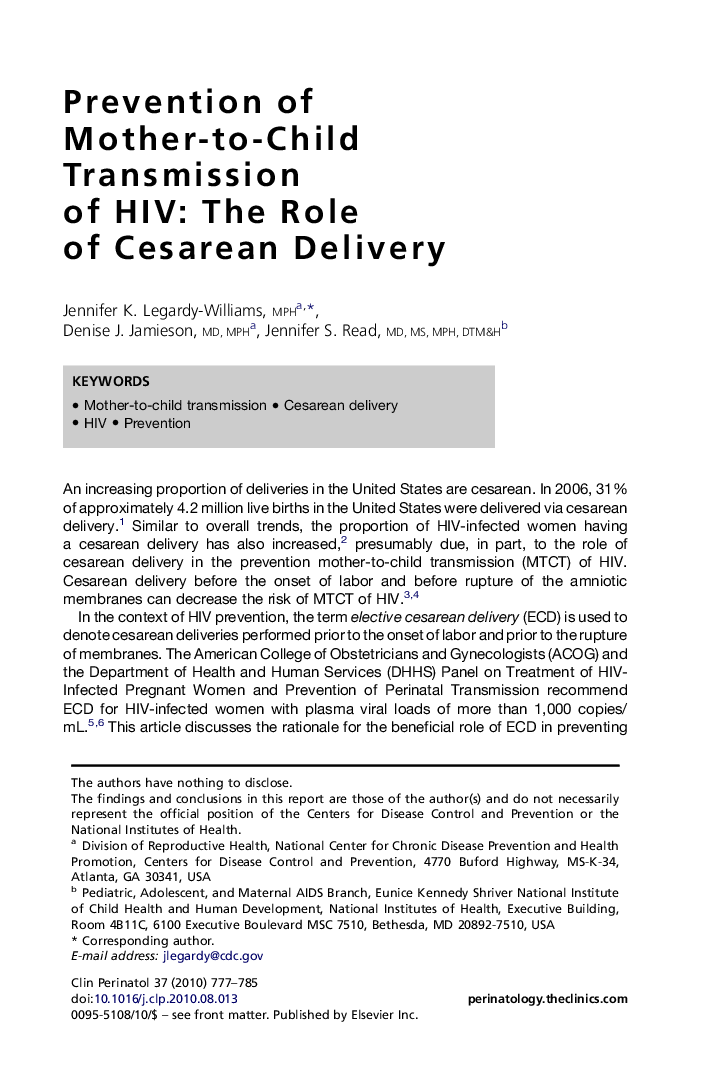 Prevention of Mother-to-Child Transmission of HIV: The Role of Cesarean Delivery