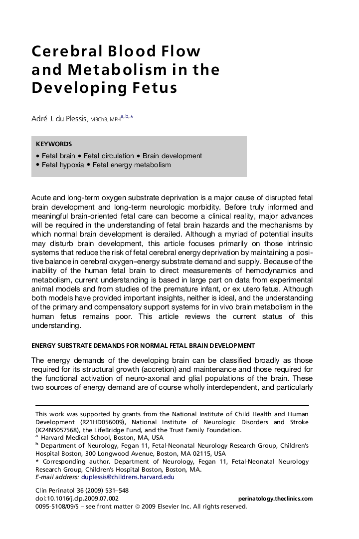 Cerebral Blood Flow and Metabolism in the Developing Fetus