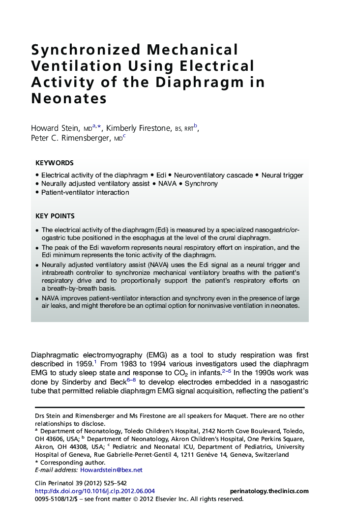 Synchronized Mechanical Ventilation Using Electrical Activity of the Diaphragm in Neonates