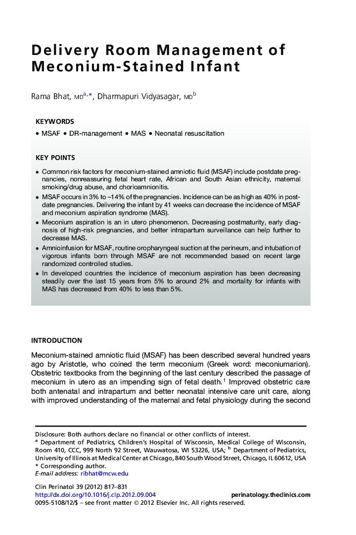 Delivery Room Management of Meconium-Stained Infant