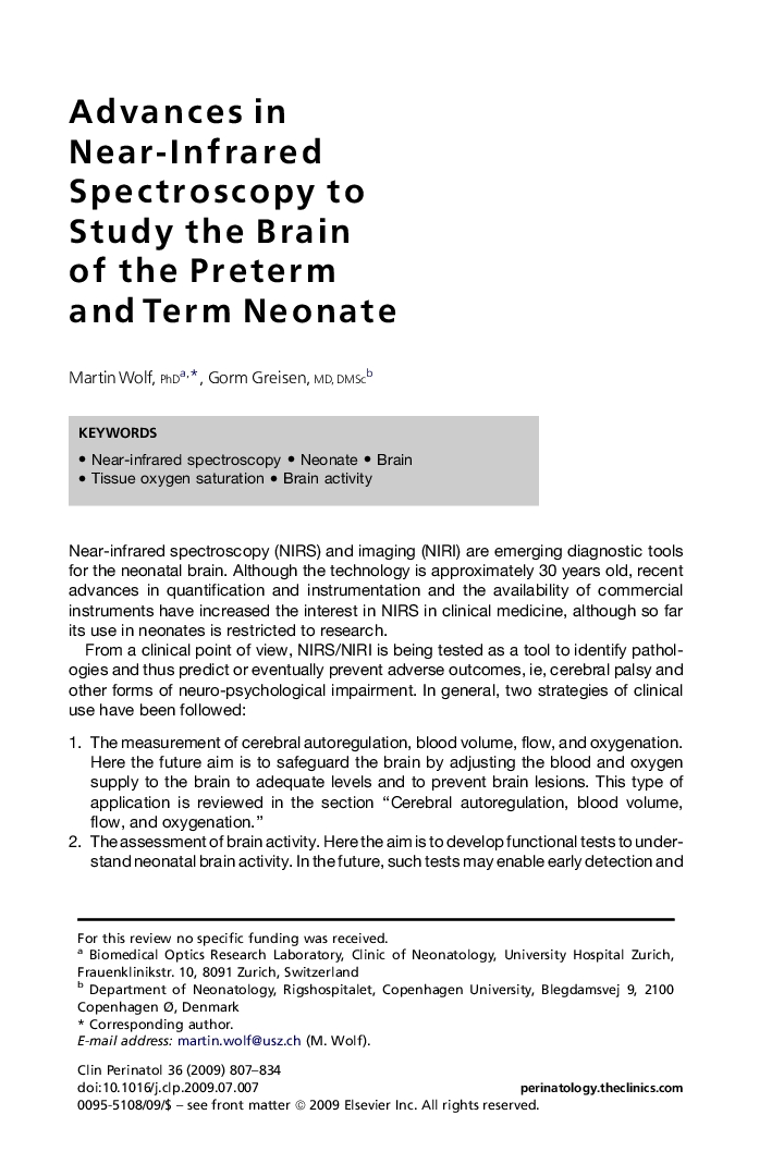 Advances in Near-Infrared Spectroscopy to StudyÂ the Brain of theÂ Preterm and TermÂ Neonate