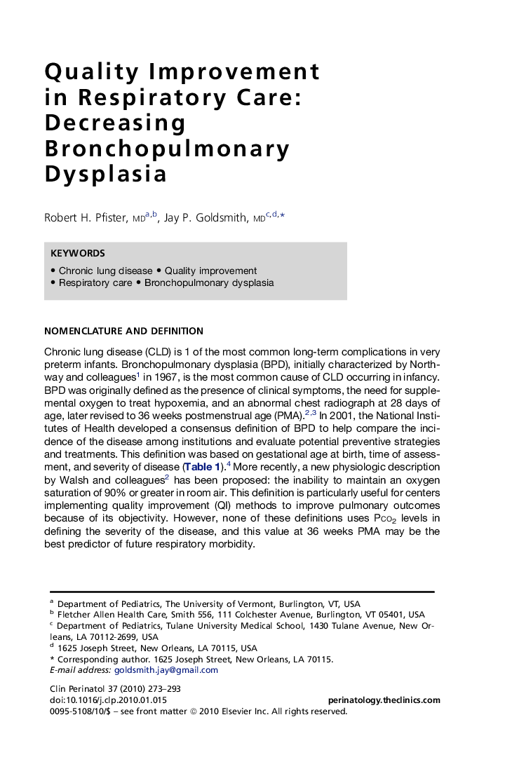 Quality Improvement in Respiratory Care: Decreasing Bronchopulmonary Dysplasia