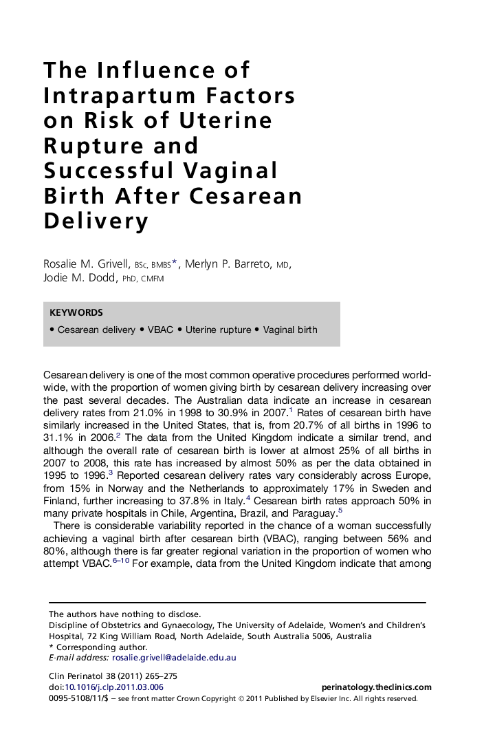 The Influence of Intrapartum Factors on Risk of Uterine Rupture and Successful Vaginal Birth After Cesarean Delivery