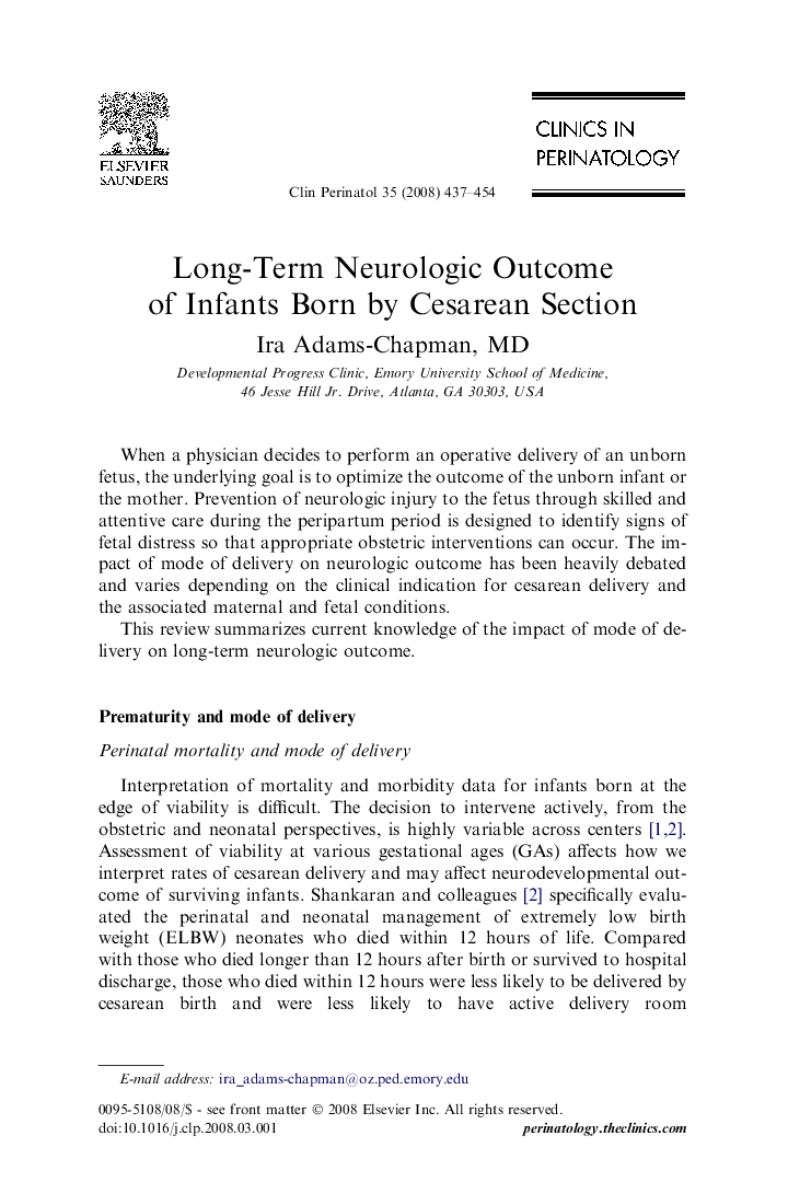 Long-Term Neurologic Outcome of Infants Born by Cesarean Section