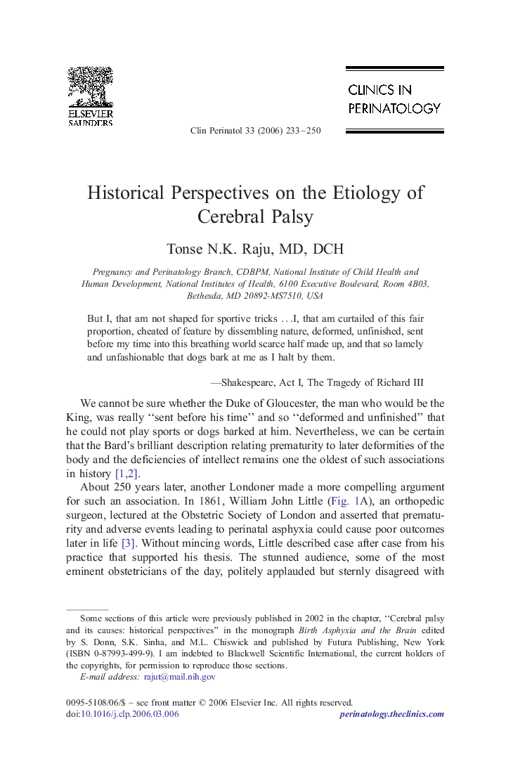 عکس صفحه اول مقاله: Historical Perspectives on the Etiology of Cerebral Palsy Historical Perspectives on the Etiology of Cerebral Palsy