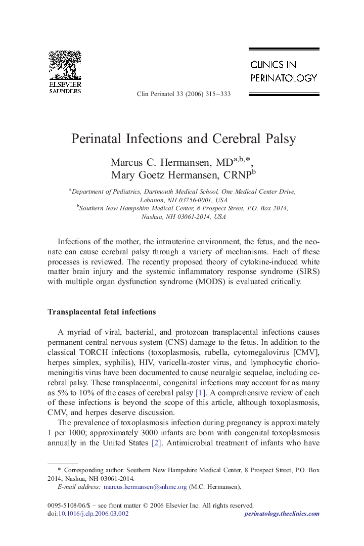 Perinatal Infections and Cerebral Palsy