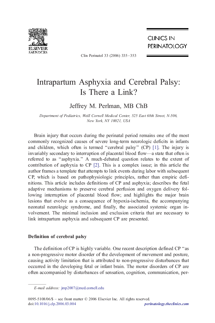 Intrapartum Asphyxia and Cerebral Palsy: Is There a Link?