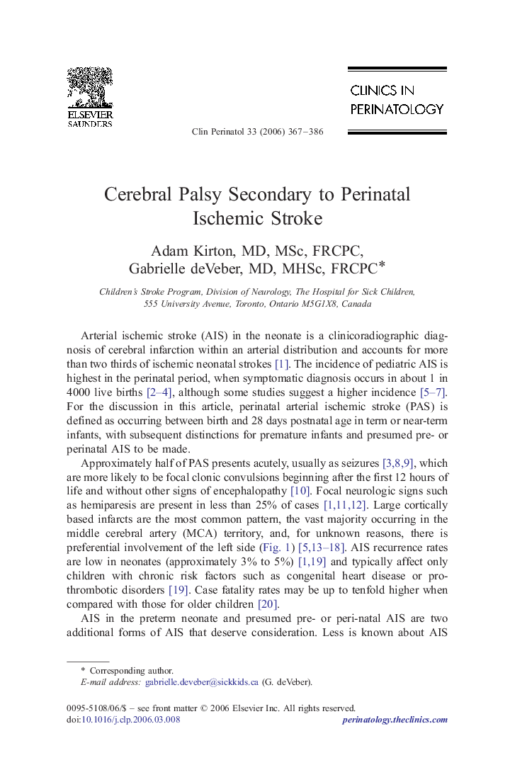 Cerebral Palsy Secondary to Perinatal Ischemic Stroke
