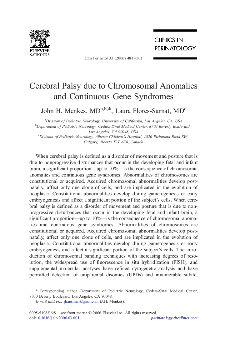 عکس صفحه اول مقاله: Cerebral Palsy due to Chromosomal Anomalies and Continuous Gene Syndromes Cerebral Palsy due to Chromosomal Anomalies and Continuous Gene Syndromes