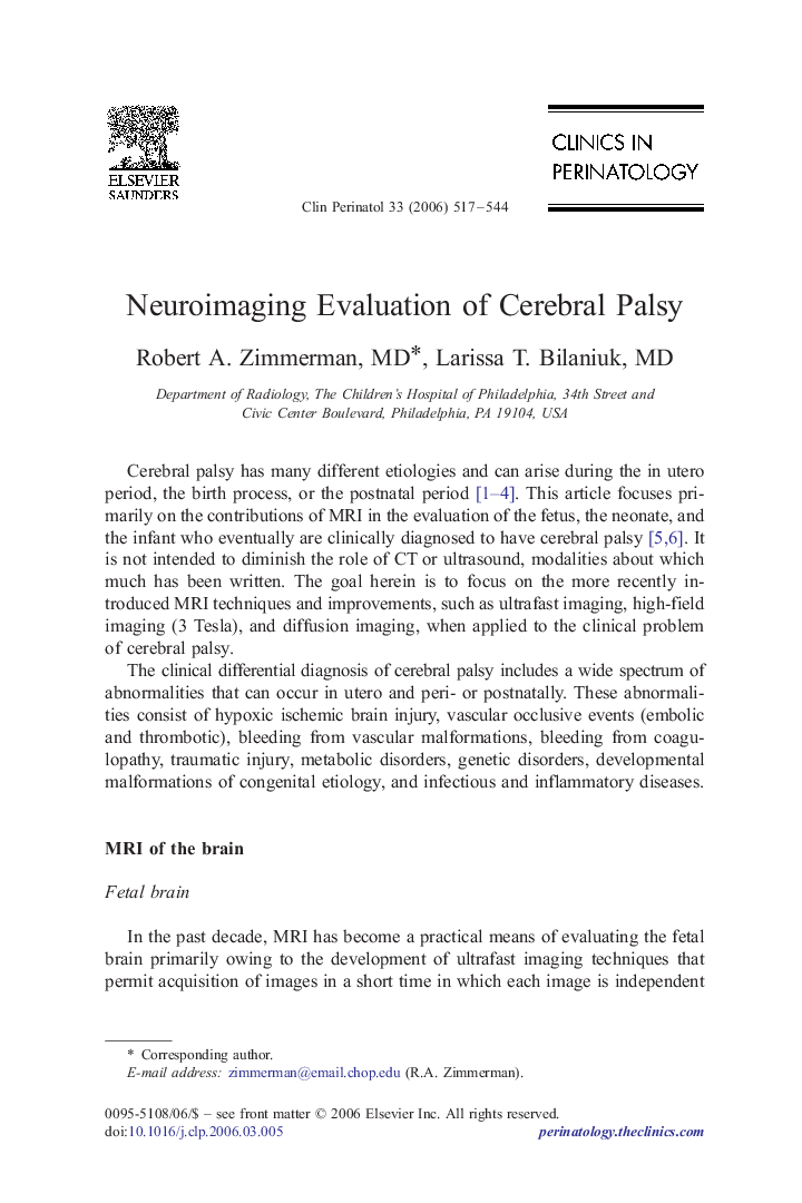Neuroimaging Evaluation of Cerebral Palsy