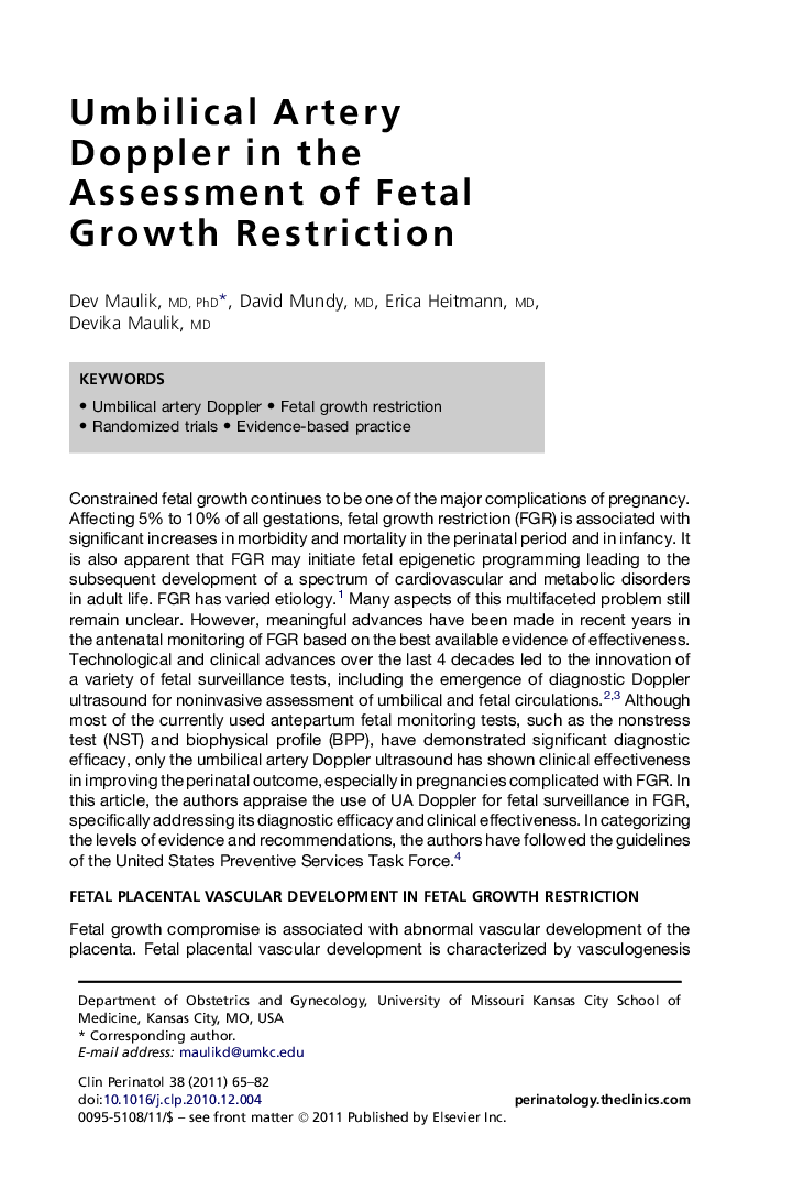 Umbilical Artery Doppler in the Assessment of Fetal Growth Restriction