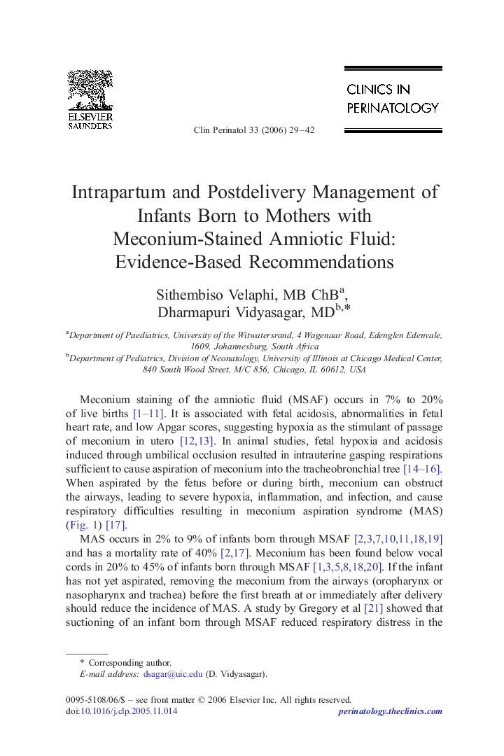 عکس صفحه اول مقاله: Intrapartum and Postdelivery Management of Infants Born to Mothers with Meconium-Stained Amniotic Fluid: Evidence-Based Recommendations Intrapartum and Postdelivery Management of Infants Born to Mothers with Meconium-Stained Amniotic Fluid: Evidence-Based Recommendations