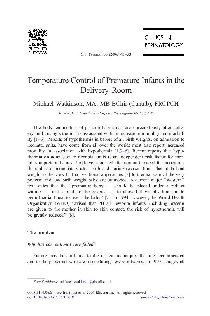 عکس صفحه اول مقاله: Temperature Control of Premature Infants in the Delivery Room Temperature Control of Premature Infants in the Delivery Room