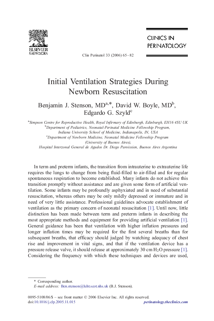 عکس صفحه اول مقاله: Initial Ventilation Strategies During Newborn Resuscitation Initial Ventilation Strategies During Newborn Resuscitation