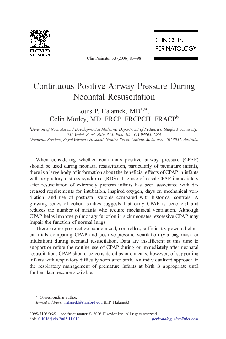 عکس صفحه اول مقاله: Continuous Positive Airway Pressure During Neonatal Resuscitation Continuous Positive Airway Pressure During Neonatal Resuscitation