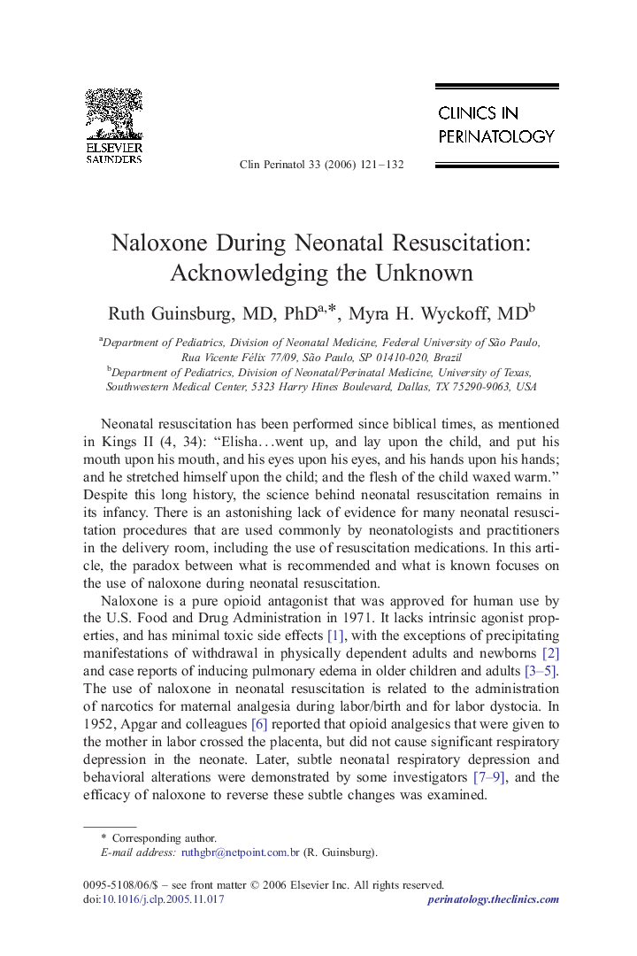 عکس صفحه اول مقاله: Naloxone During Neonatal Resuscitation: Acknowledging the Unknown Naloxone During Neonatal Resuscitation: Acknowledging the Unknown