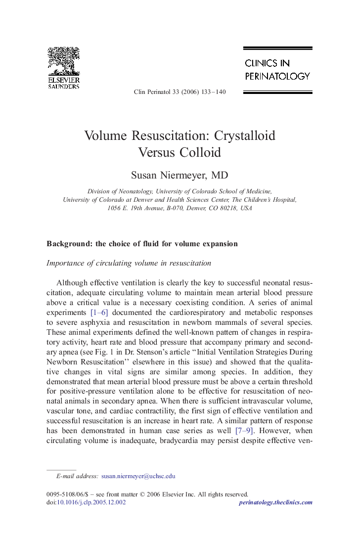 عکس صفحه اول مقاله: Volume Resuscitation: Crystalloid Versus Colloid Volume Resuscitation: Crystalloid Versus Colloid