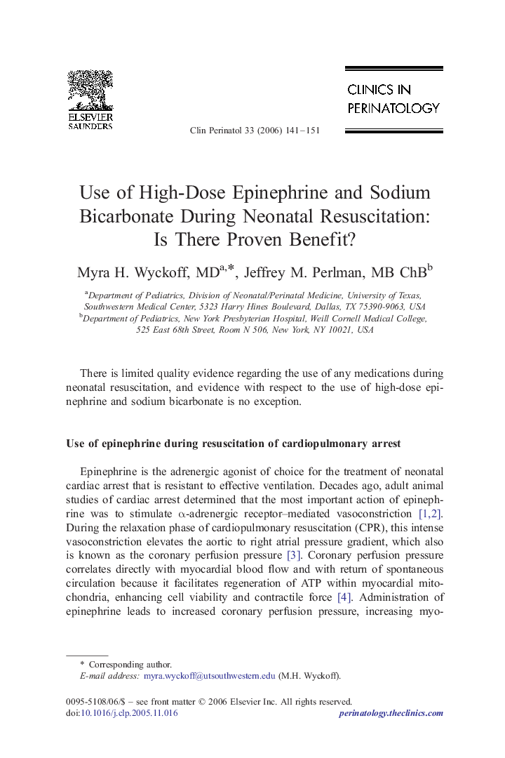 عکس صفحه اول مقاله: Use of High-Dose Epinephrine and Sodium Bicarbonate During Neonatal Resuscitation: Is There Proven Benefit? Use of High-Dose Epinephrine and Sodium Bicarbonate During Neonatal Resuscitation: Is There Proven Benefit?