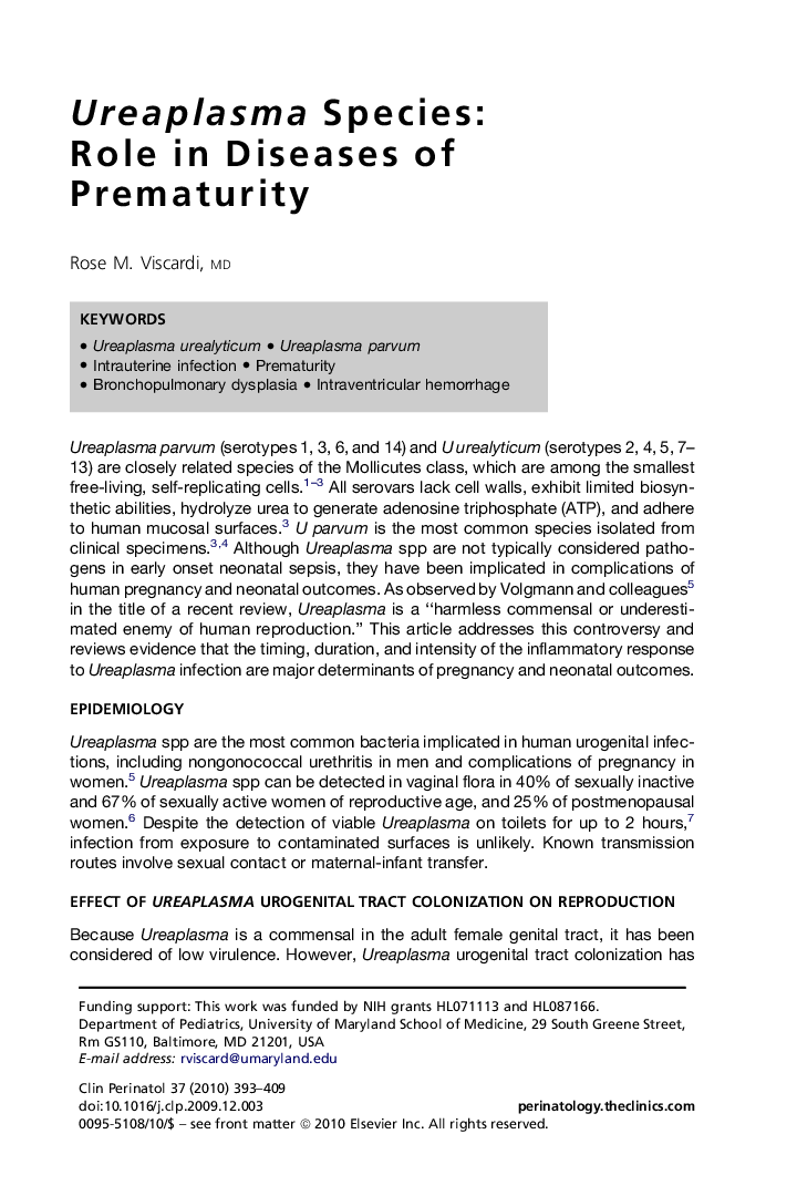 عکس صفحه اول مقاله: Ureaplasma Species: Role in Diseases of Prematurity Ureaplasma Species: Role in Diseases of Prematurity