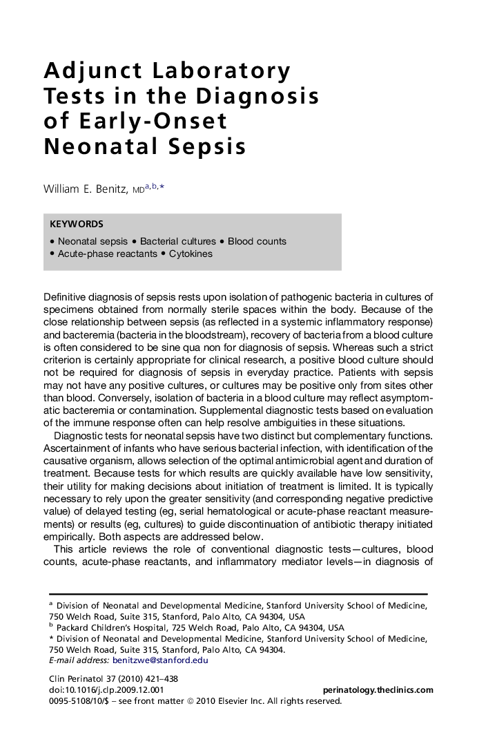 Adjunct Laboratory Tests in the Diagnosis of Early-Onset Neonatal Sepsis