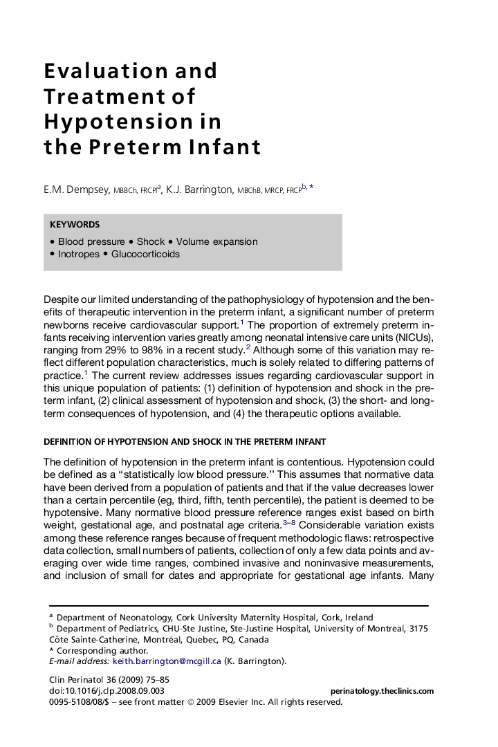 Evaluation and Treatment of Hypotension in the Preterm Infant