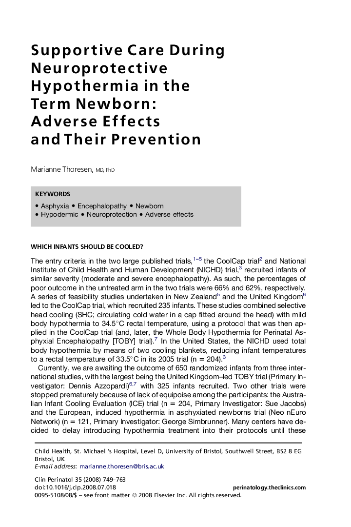 Supportive Care During Neuroprotective Hypothermia in the Term Newborn: Adverse Effects and Their Prevention