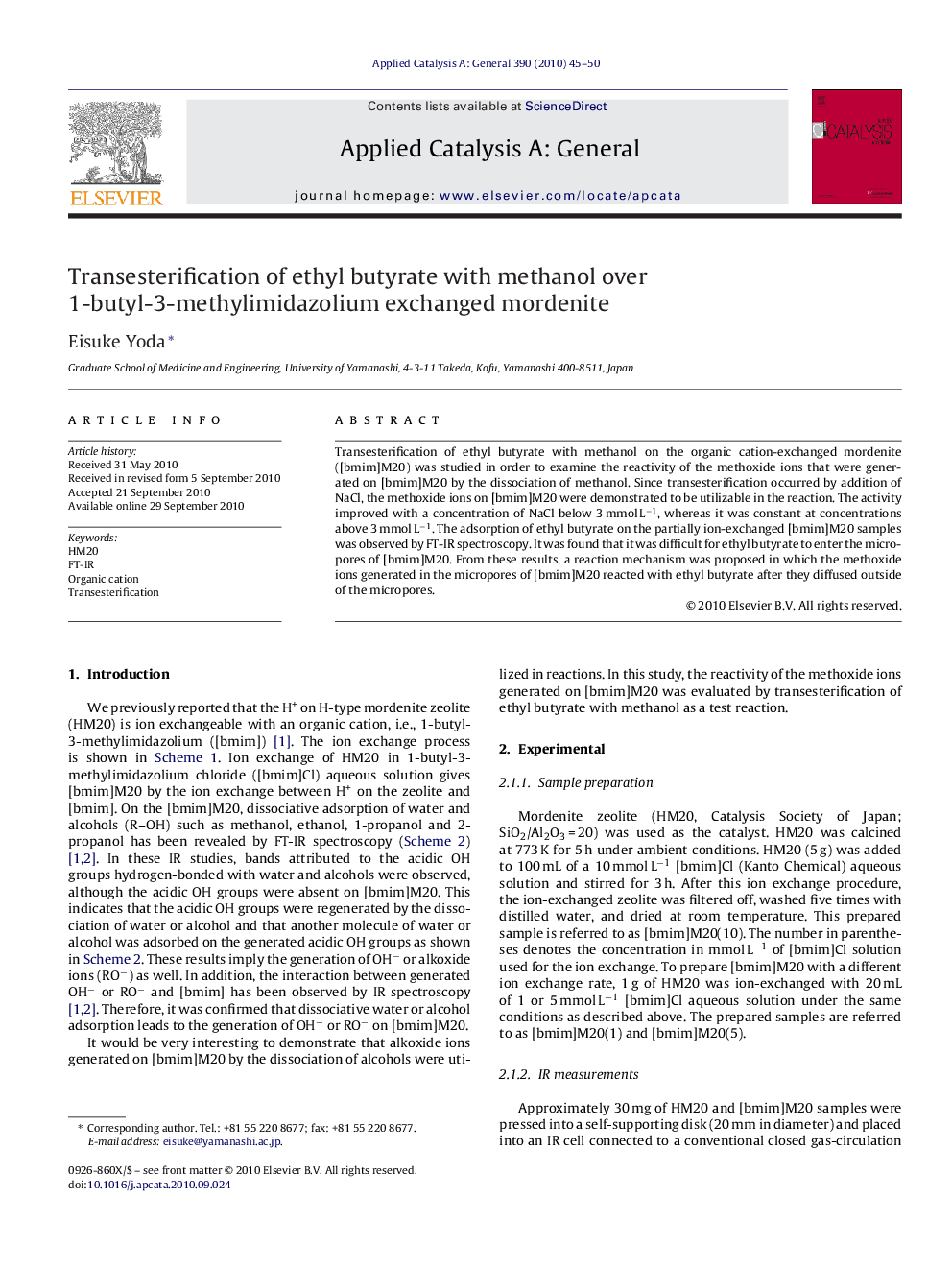 Transesterification of ethyl butyrate with methanol over 1-butyl-3-methylimidazolium exchanged mordenite