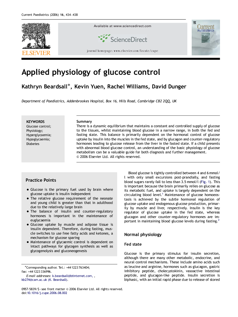 Applied physiology of glucose control