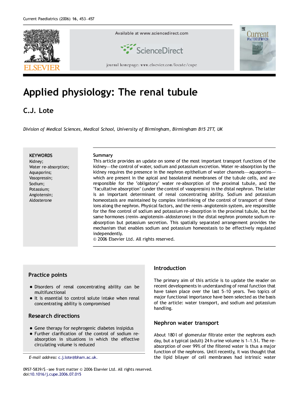 Applied physiology: The renal tubule