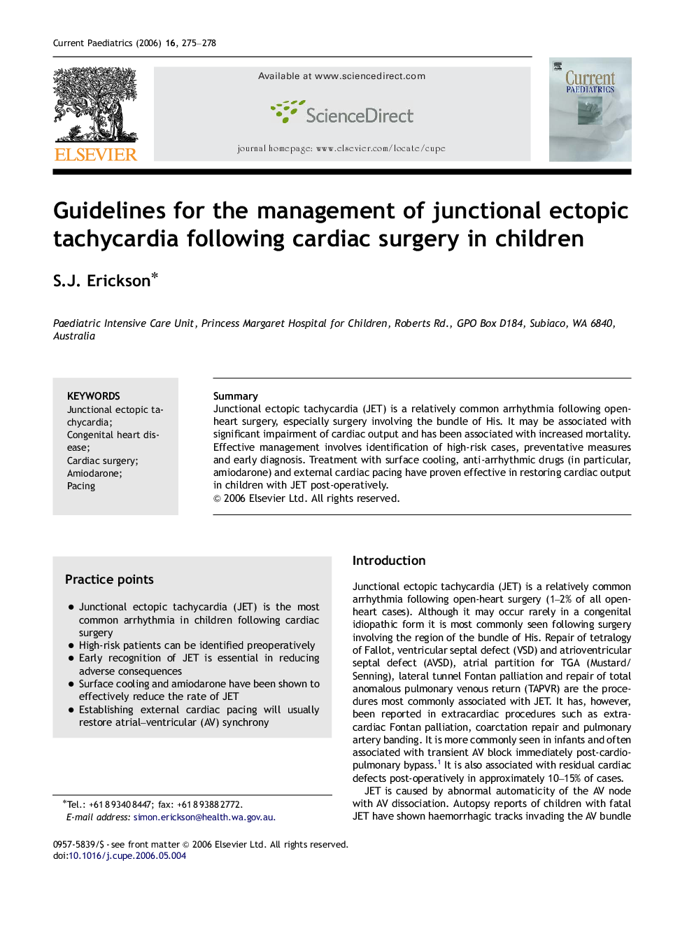 Guidelines for the management of junctional ectopic tachycardia following cardiac surgery in children