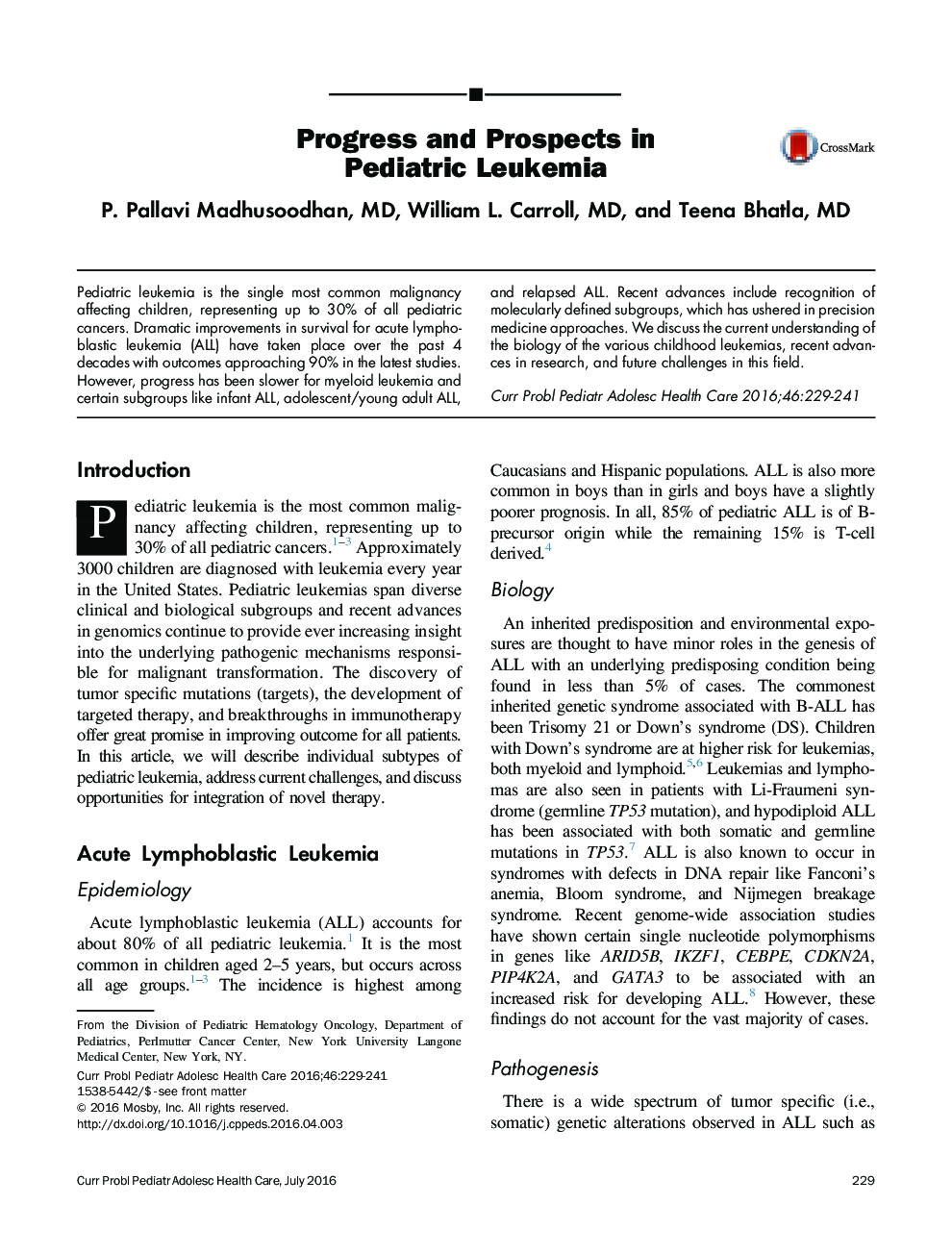 Progress and Prospects in Pediatric Leukemia