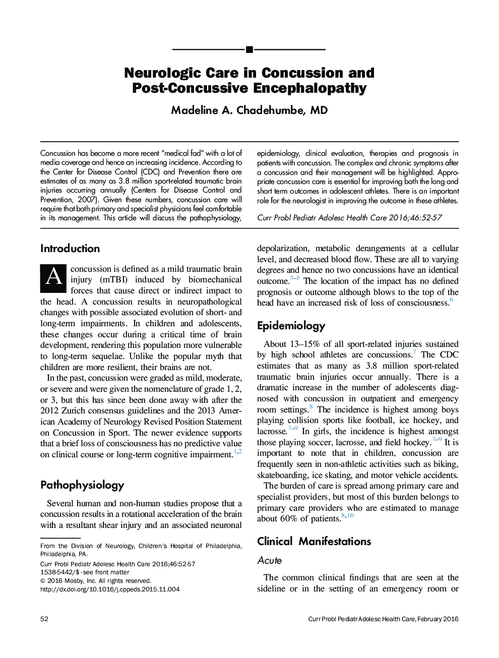 Neurologic Care in Concussion and Post-Concussive Encephalopathy