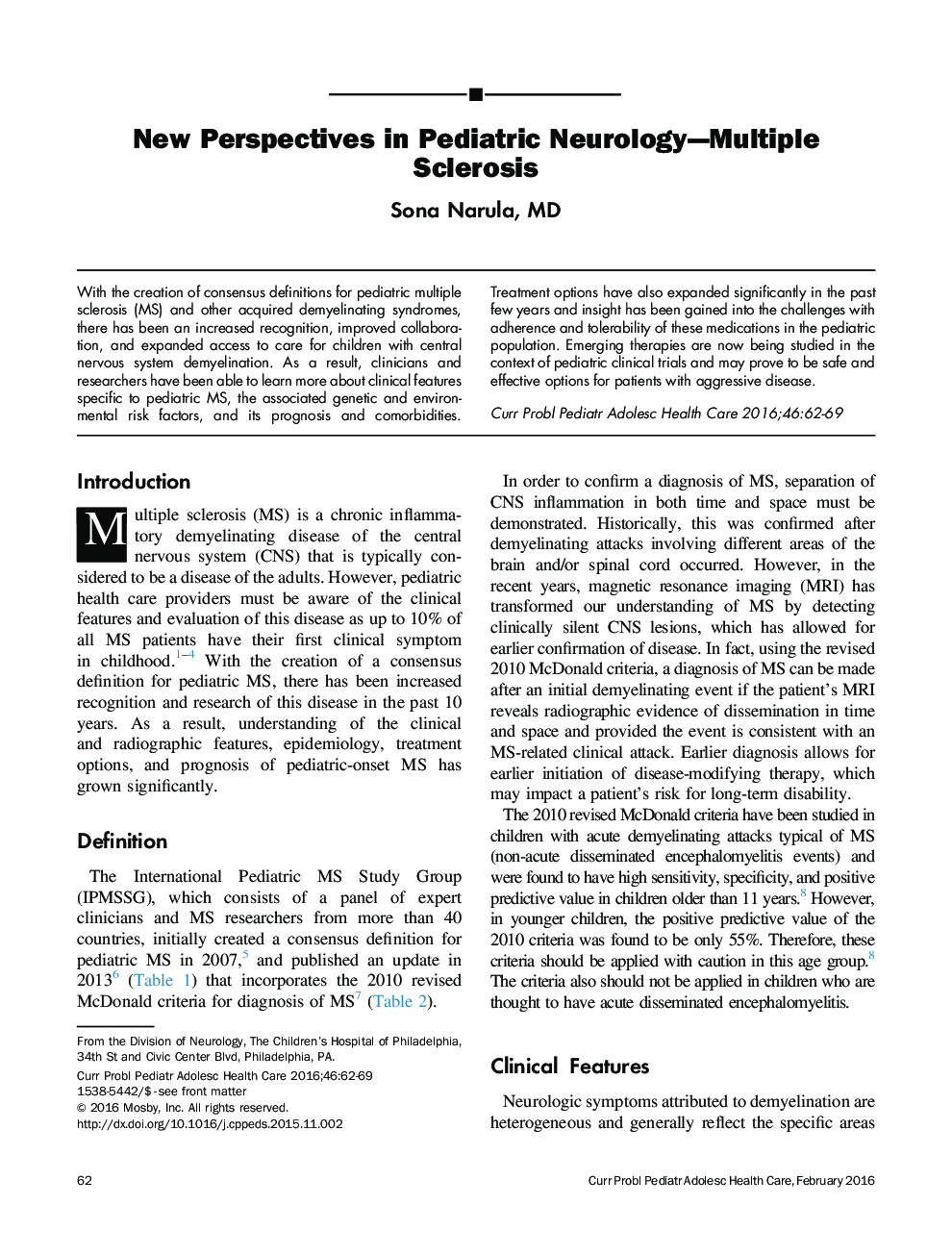 New Perspectives in Pediatric Neurology—Multiple Sclerosis