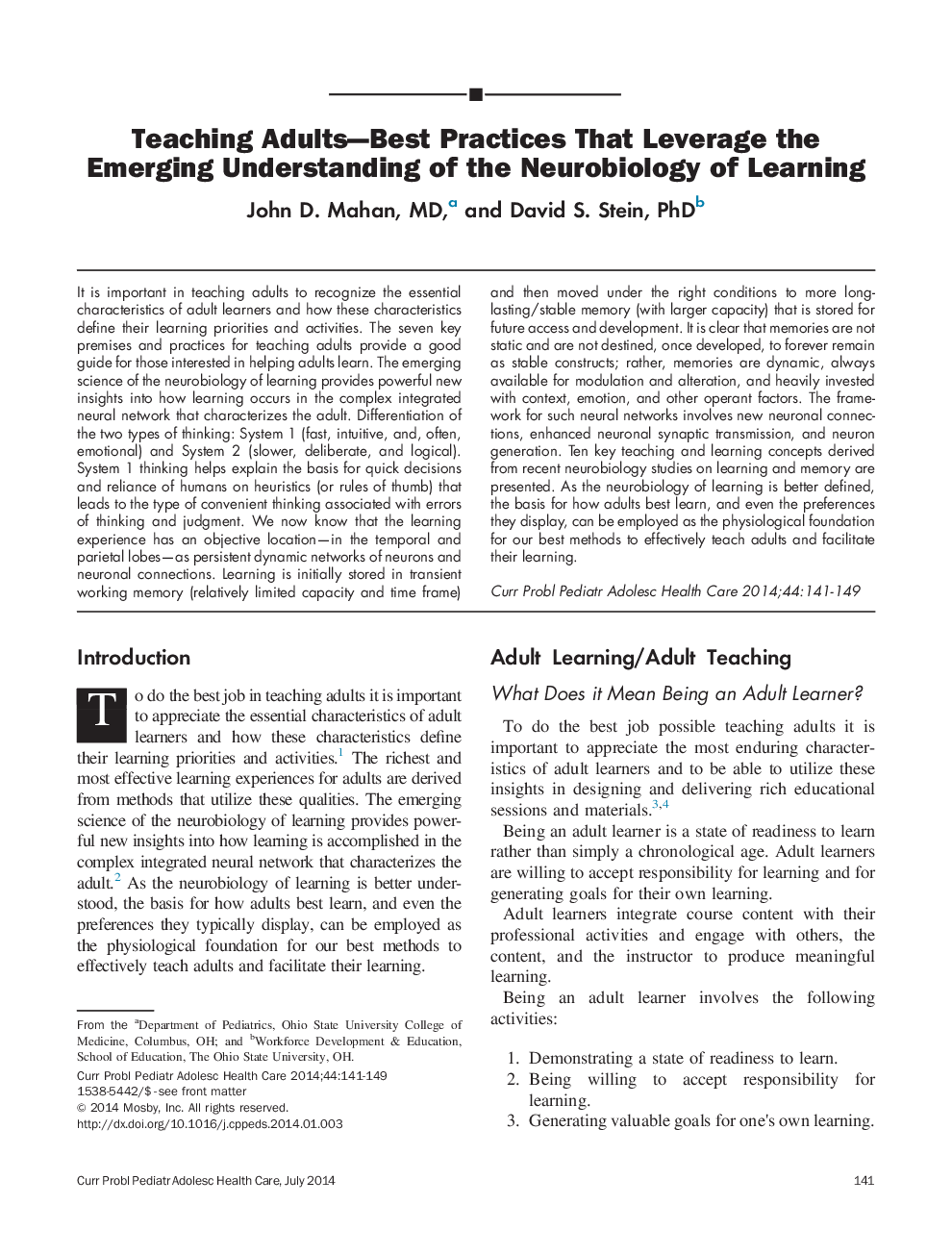 Teaching Adults—Best Practices That Leverage the Emerging Understanding of the Neurobiology of Learning