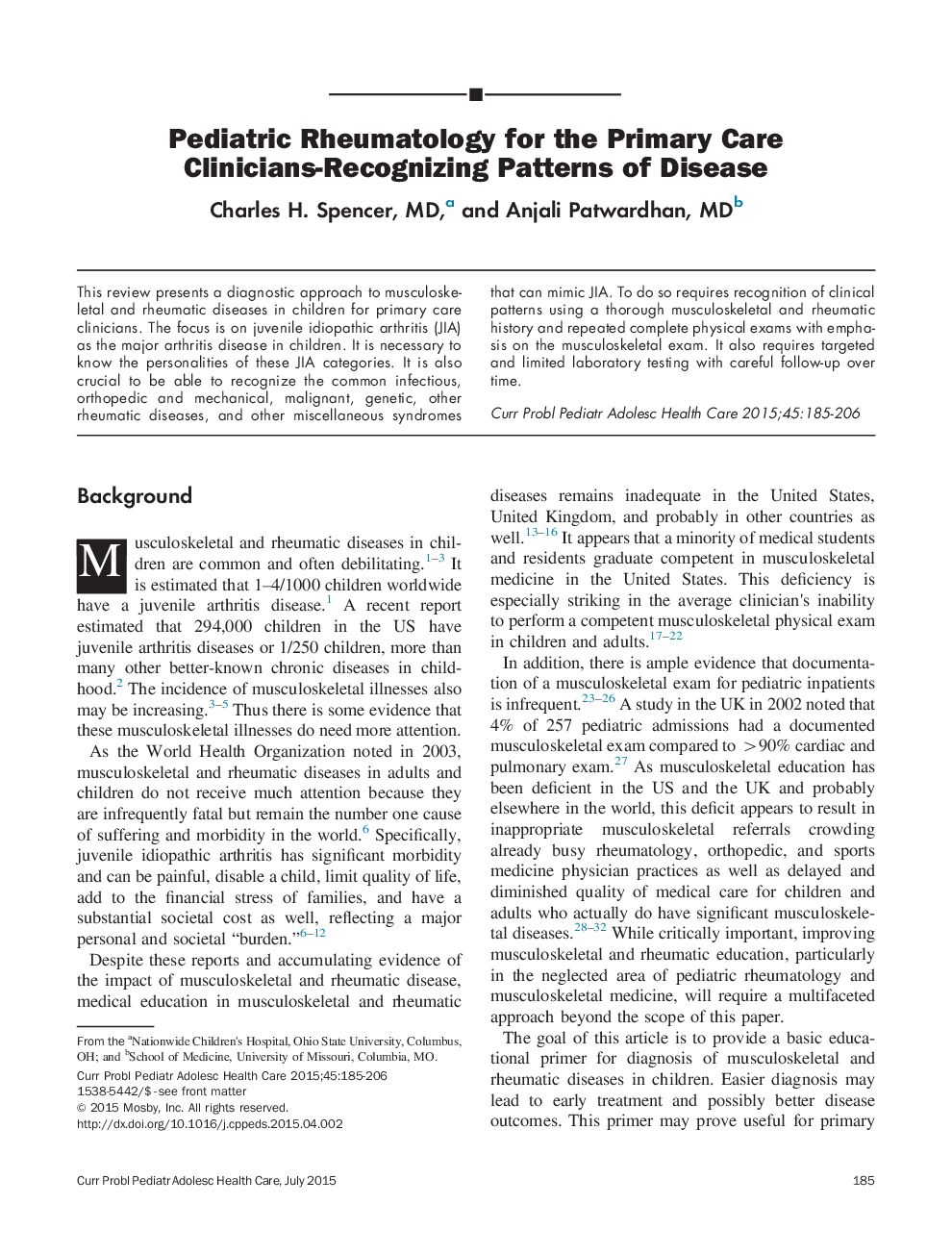 Pediatric Rheumatology for the Primary Care Clinicians-Recognizing Patterns of Disease