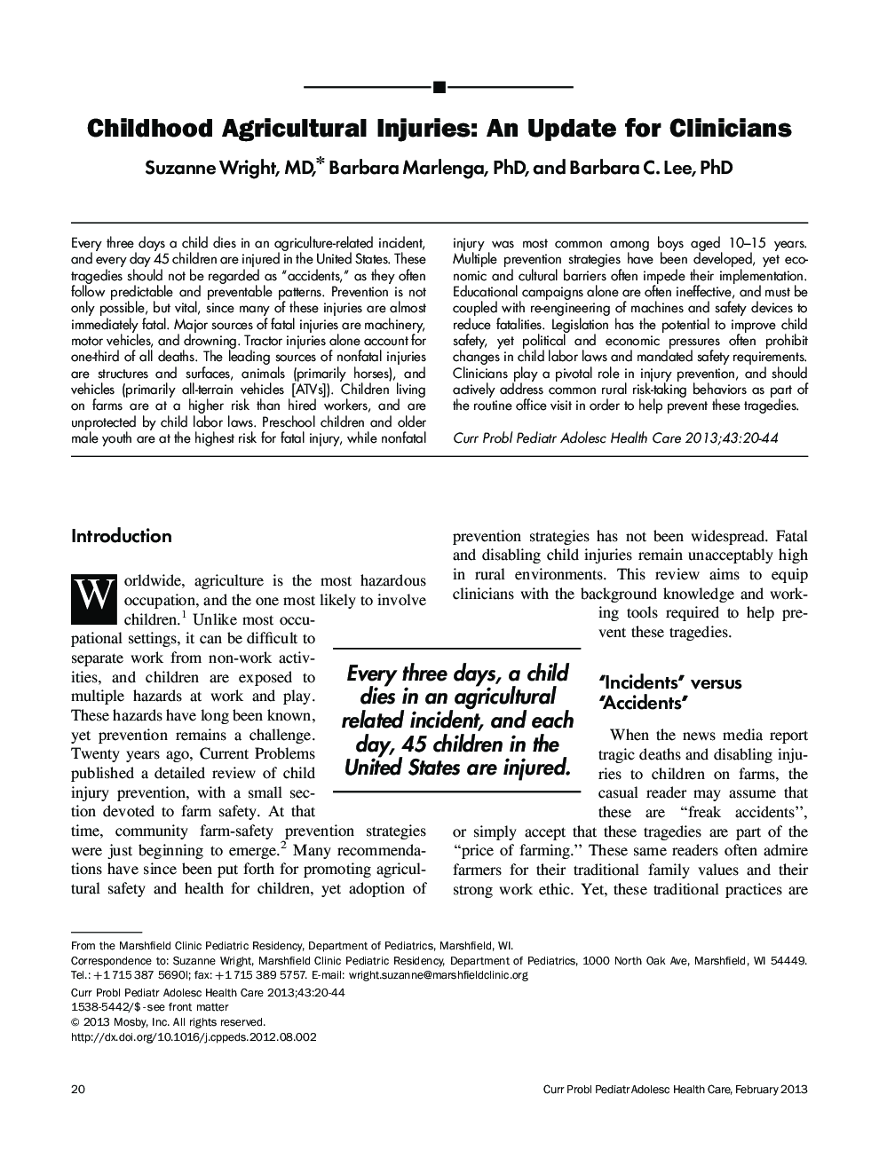 Childhood Agricultural Injuries: An Update for Clinicians
