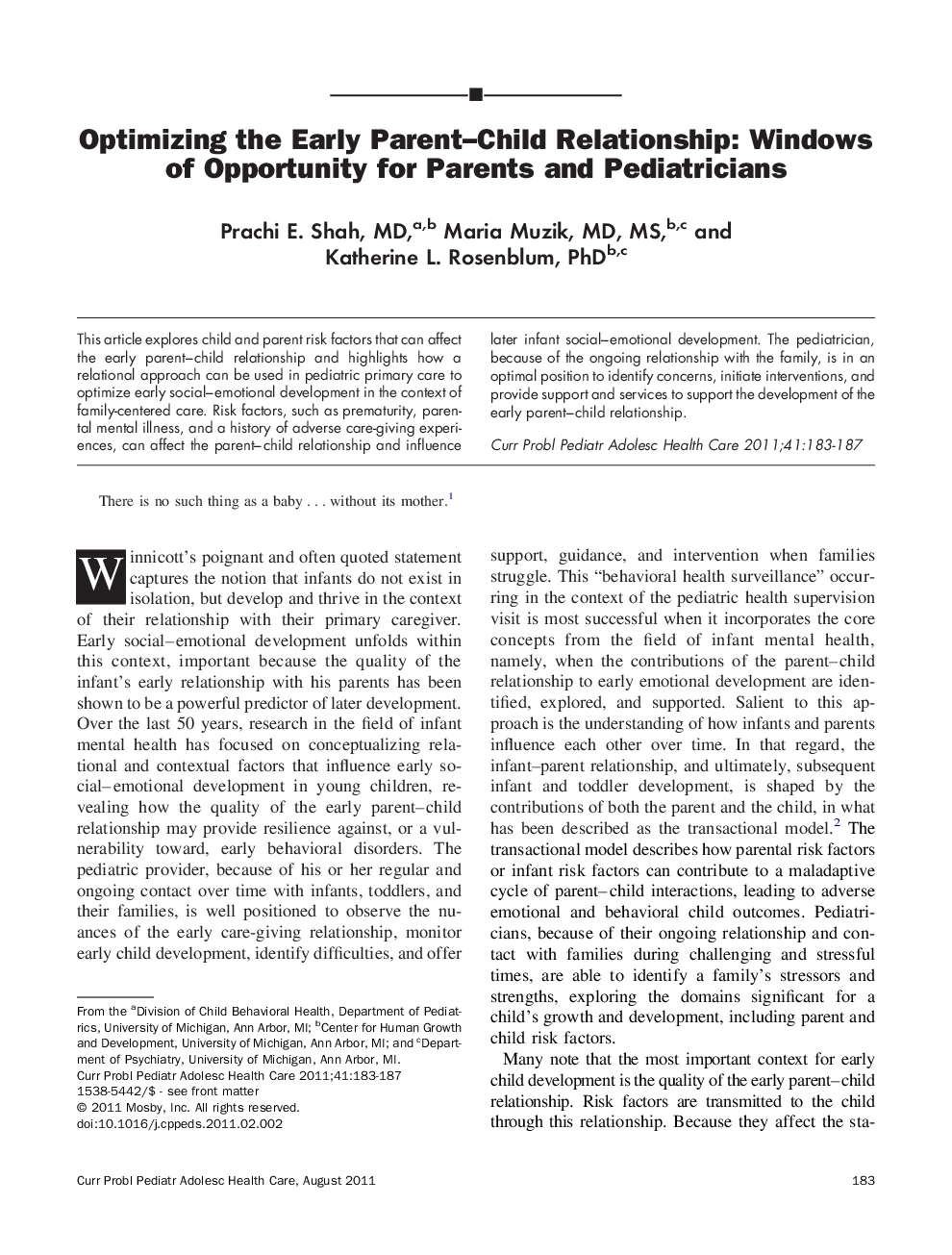 Optimizing the Early Parent–Child Relationship: Windows of Opportunity for Parents and Pediatricians