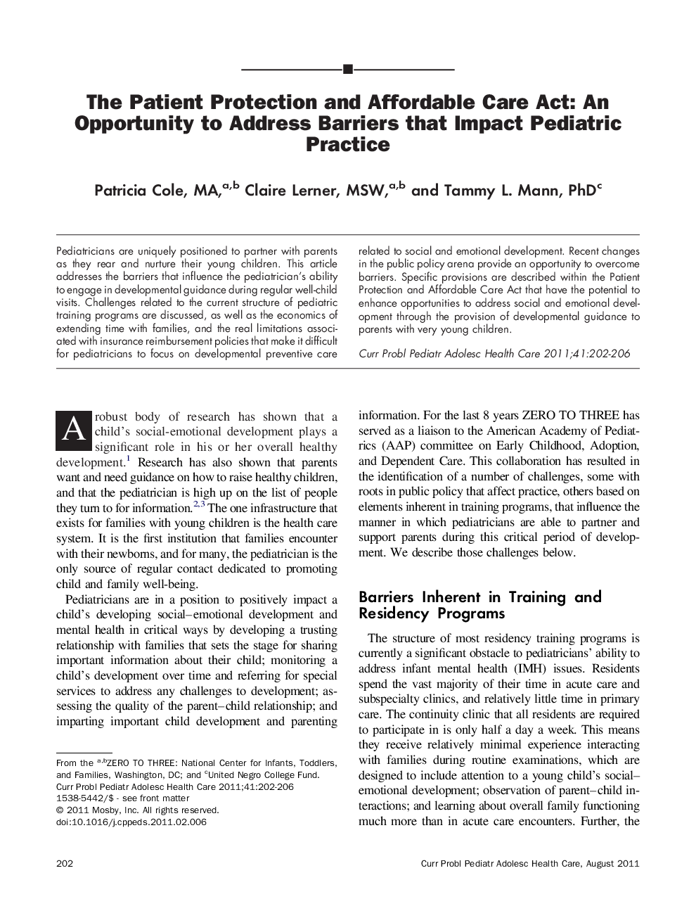 The Patient Protection and Affordable Care Act: An Opportunity to Address Barriers that Impact Pediatric Practice