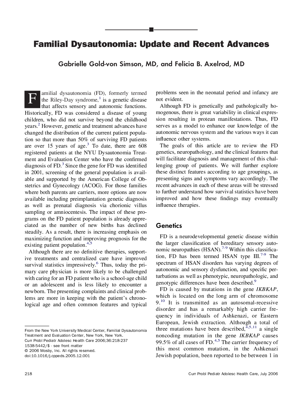 Familial Dysautonomia: Update and Recent Advances