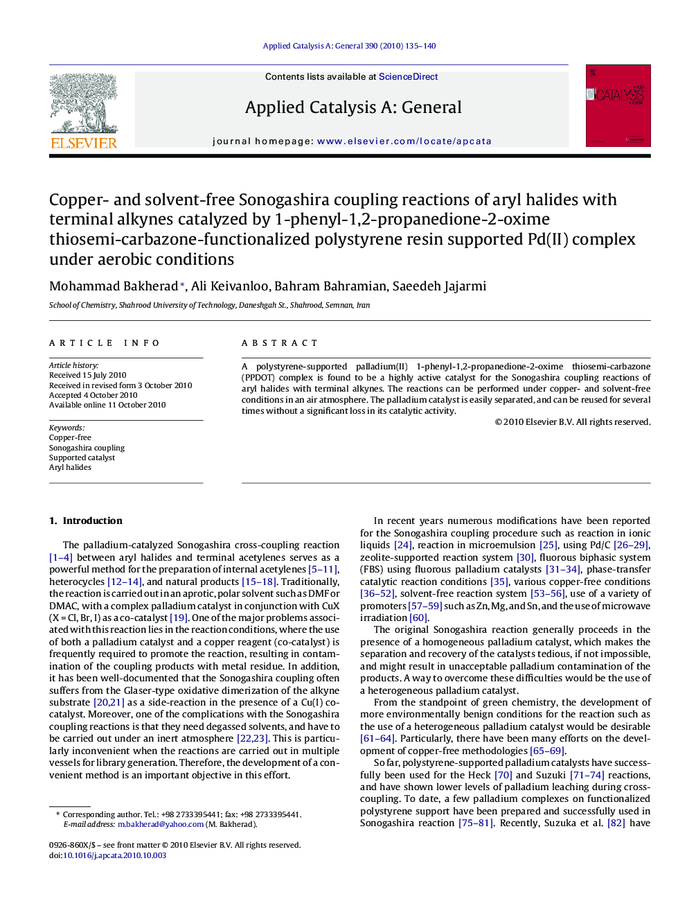 Copper- and solvent-free Sonogashira coupling reactions of aryl halides with terminal alkynes catalyzed by 1-phenyl-1,2-propanedione-2-oxime thiosemi-carbazone-functionalized polystyrene resin supported Pd(II) complex under aerobic conditions