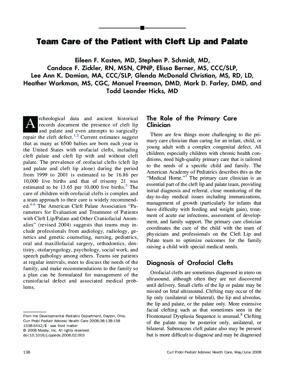 Team Care of the Patient with Cleft Lip and Palate