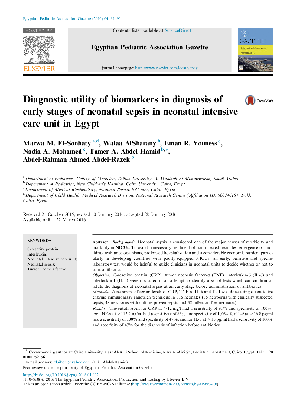 Diagnostic utility of biomarkers in diagnosis of early stages of neonatal sepsis in neonatal intensive care unit in Egypt 